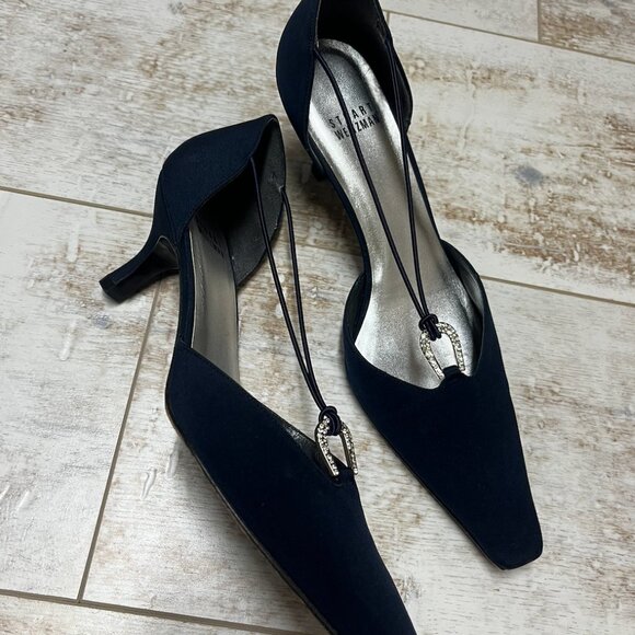 Stuart Weitzman Navy Satin Kitten Heel with Diamond Horseshoe detail - Picture 2 of 4